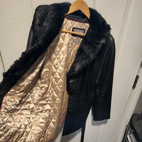 Wilson's Leather Womens Large Black Belted Leather Jacket Rabbit Fur Trim - Picture 3 of 12